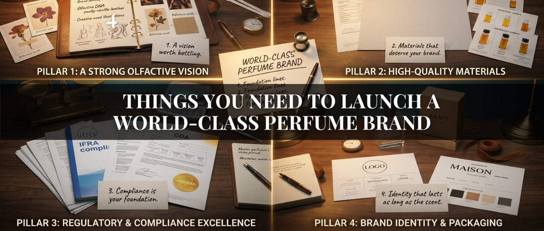 Things you need to launch a world-class perfume brand including fragrance development, quality materials, regulatory compliance, and brand identity.