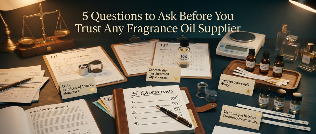 5 questions to ask before choosing a fragrance oil supplier, including COA, concentration, quality, and batch consistency.