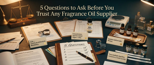 5 questions to ask before choosing a fragrance oil supplier, including COA, concentration, quality, and batch consistency.