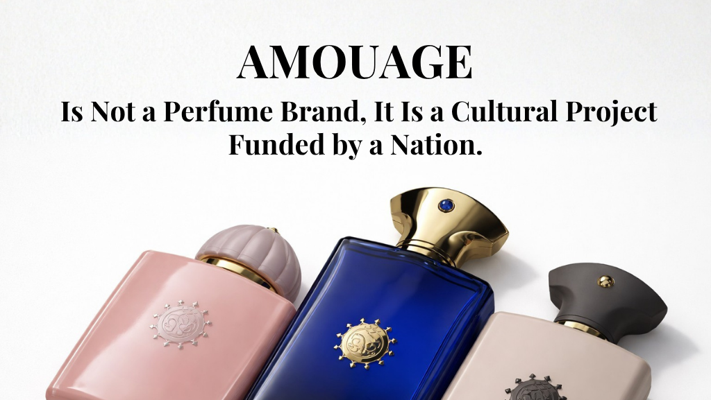 Amouage perfume bottles with text highlighting it as a nation-funded cultural project.