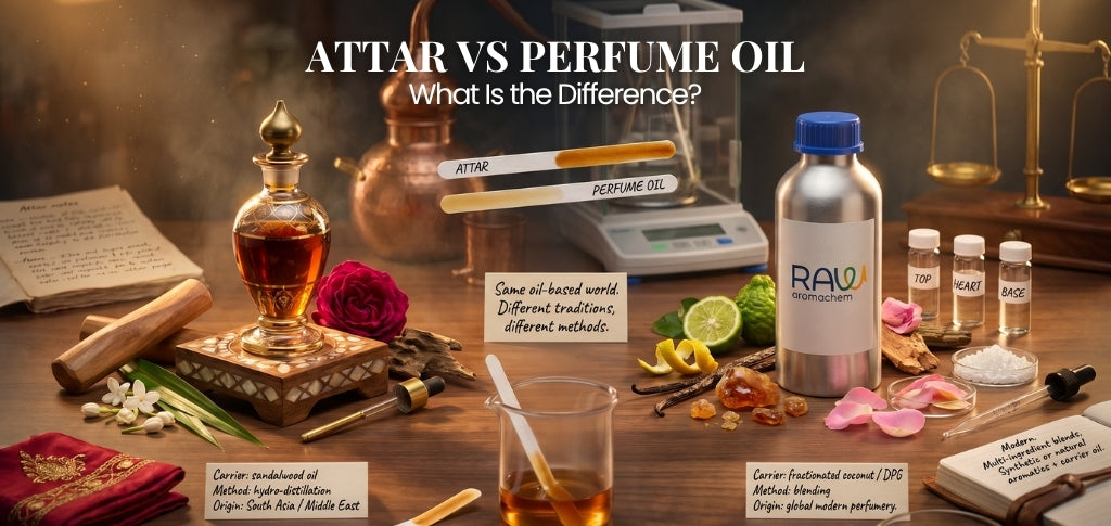 Attar vs perfume oil comparison showing traditional attar and modern fragrance oil composition.