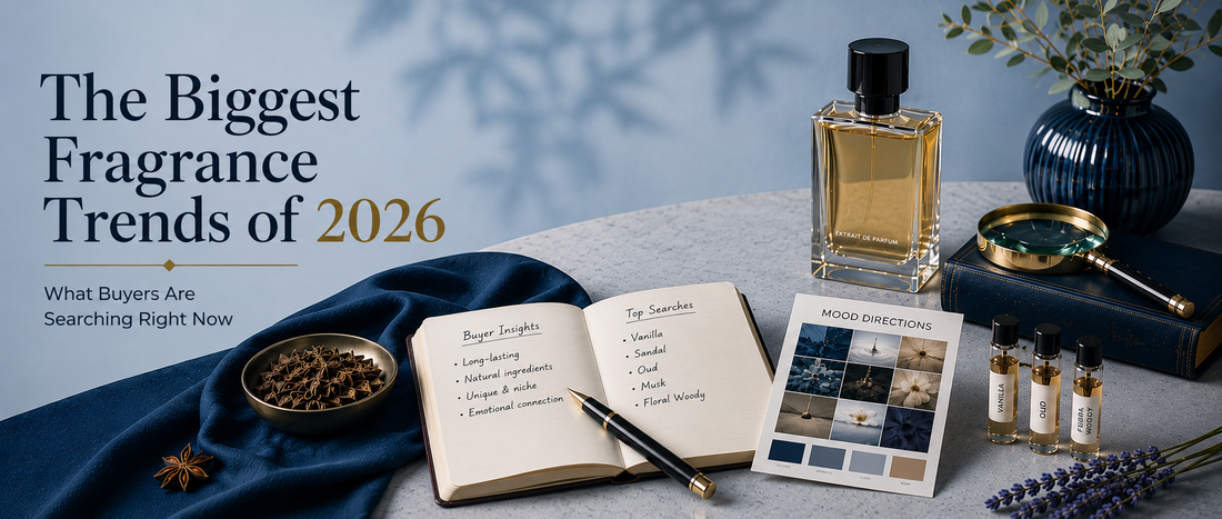 Perfume bottle, fragrance samples, mood board, and notes showcasing 2026 fragrance trends and buyer preferences.