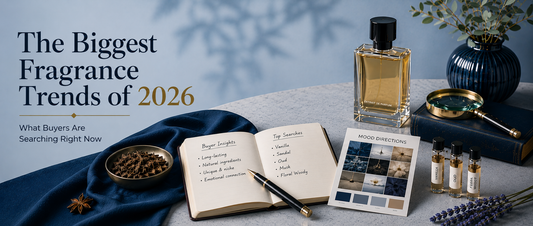 Perfume bottle, fragrance samples, mood board, and notes showcasing 2026 fragrance trends and buyer preferences.