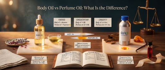 Body oil vs perfume oil comparison showing differences in fragrance concentration, longevity, carrier oils, and skincare benefits for perfume enthusiasts.