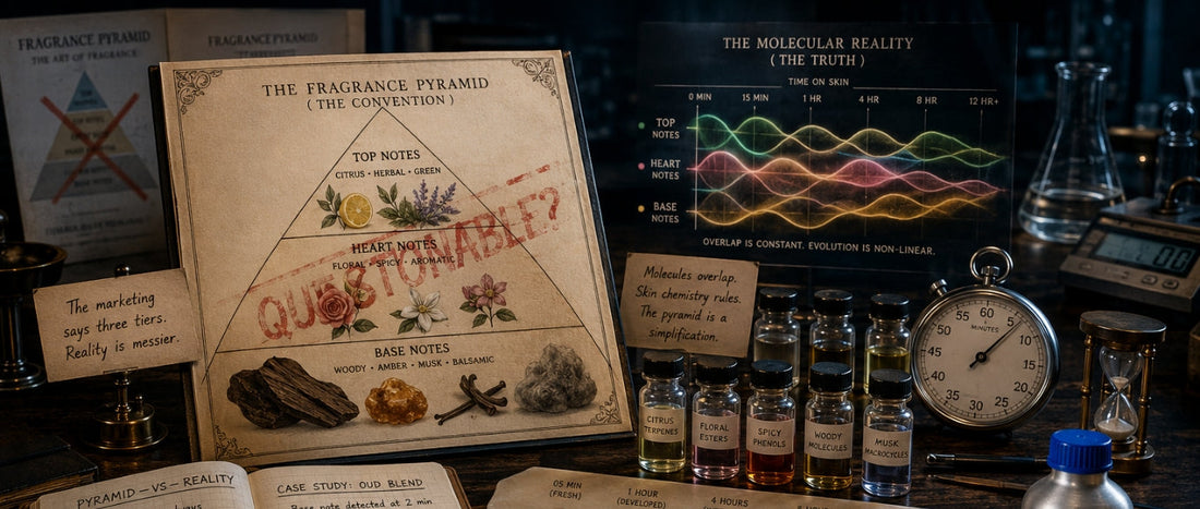 Perfume pyramid vs fragrance evolution diagram explaining top, heart, and base notes with molecular scent development over time.