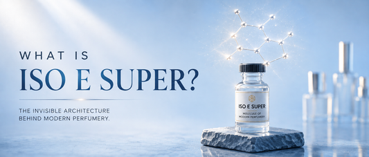 "Iso E Super aroma chemical bottle with molecular structure, used in modern perfumery."