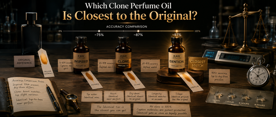 Perfume oil comparison chart showing Inspired, Clone and Identical fragrance oils based on scent accuracy and similarity to the original fragrance.