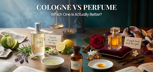 “Cologne vs perfume comparison with citrus cologne and rich floral perfume notes.”