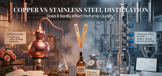 Copper vs stainless steel distillation systems for perfume and fragrance oil production.
