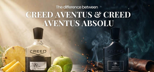 Comparison image showing Creed Aventus and Creed Aventus Absolu perfume bottles side by side, with fresh fruity elements like pineapple and apple on one side and smoky woody elements on the other, highlighting their scent differences.