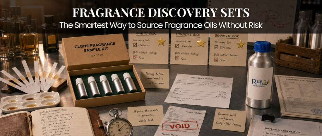 Fragrance discovery sample kit for testing perfume oils before bulk purchase.