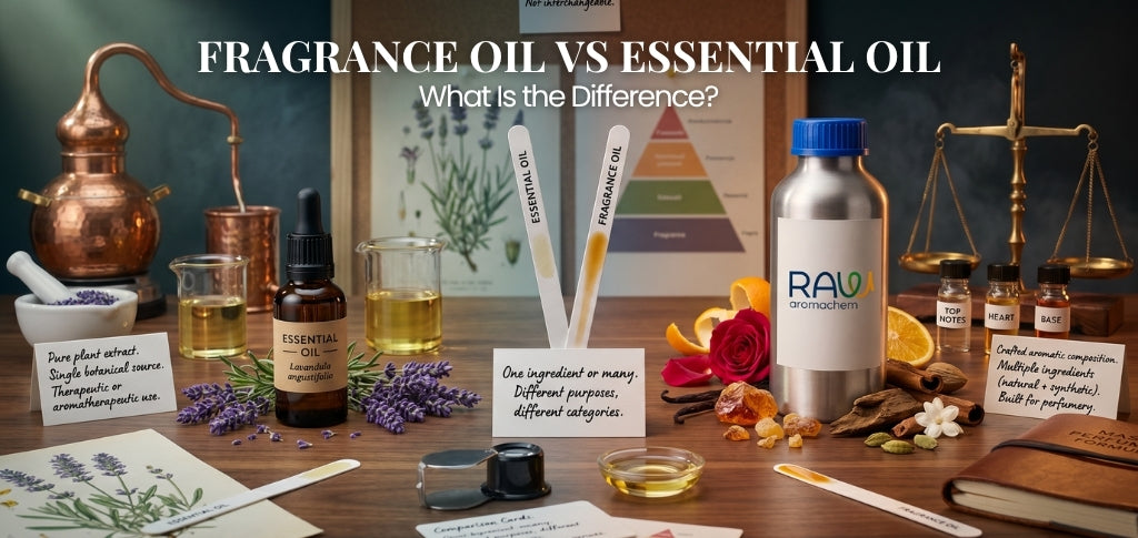 Fragrance oil vs essential oil comparison with botanical extracts, aroma compounds, and perfume ingredients.