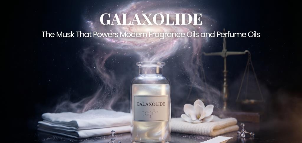 Galaxolide musk fragrance oil bottle with soft towels and floral background, used in modern perfumery and fragrance oils
