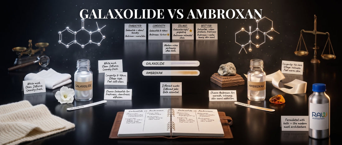 Galaxolide and Ambroxan aroma chemicals displayed side by side with molecular models and perfume ingredients.
