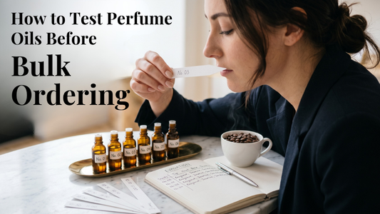 A woman testing perfume oils using scent strips at a table with small labeled fragrance bottles, notebook, and coffee, illustrating how to evaluate scents before bulk ordering.