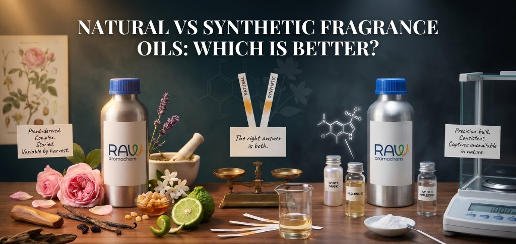 Natural vs synthetic fragrance oils comparison with botanical extracts and aroma chemicals.