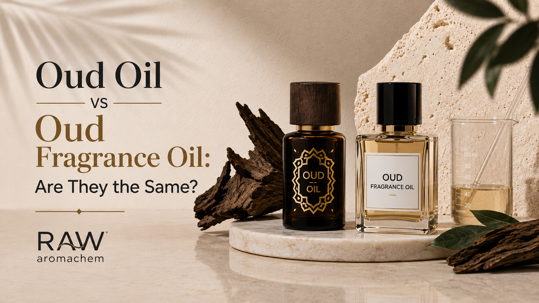 "Oud oil and oud fragrance oil bottles displayed with agarwood pieces and perfume ingredients."