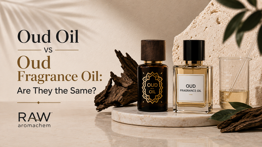 "Oud oil and oud fragrance oil bottles displayed with agarwood pieces and perfume ingredients."