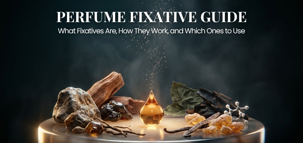 Perfume fixative guide with resin, wood, and oil drop ingredients.