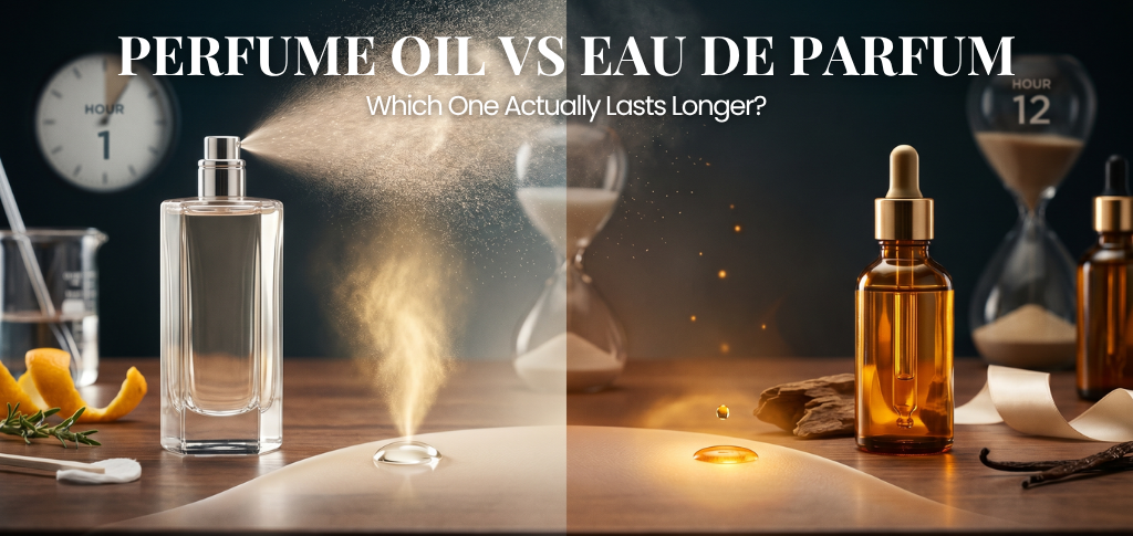 Perfume oil vs eau de parfum longevity comparison showing spray perfume and oil drop with time indicators.