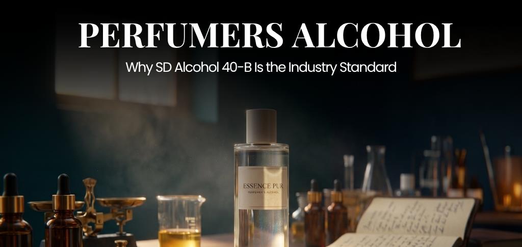 Perfumer’s alcohol bottle labeled “Essence Pur” on a wooden lab table, surrounded by droppers, glass beakers, and raw materials, with text explaining why SD Alcohol 40-B is the industry standard.