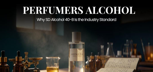 Perfumer’s alcohol bottle labeled “Essence Pur” on a wooden lab table, surrounded by droppers, glass beakers, and raw materials, with text explaining why SD Alcohol 40-B is the industry standard.