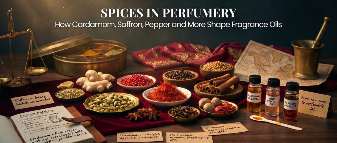 Spices in perfumery featuring cardamom, saffron, pepper, cinnamon, and aromatic fragrance ingredients.