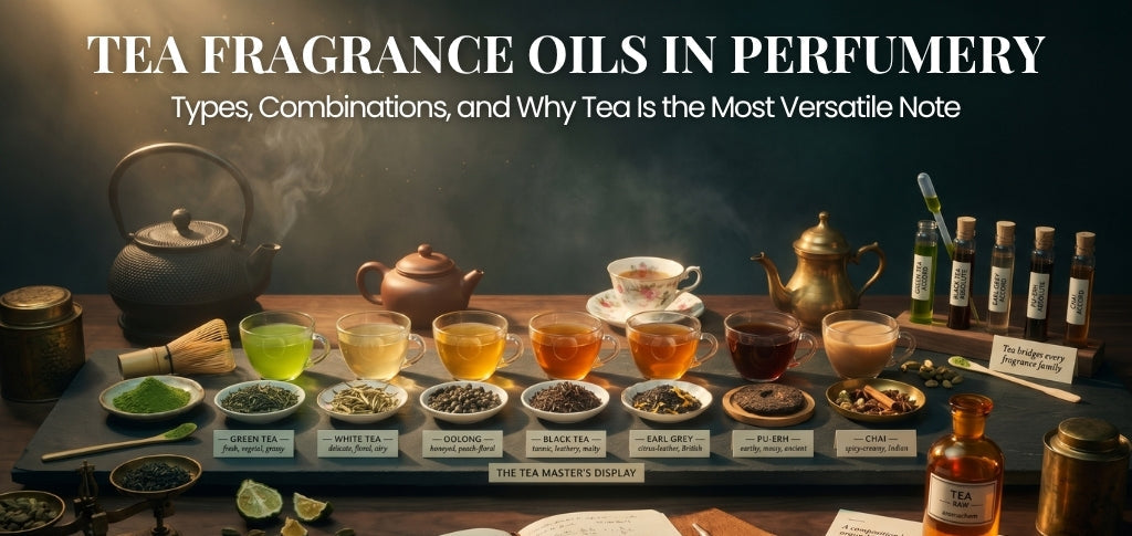 “Tea fragrance oils in perfumery with green tea, black tea, oolong, and chai scent profiles.”