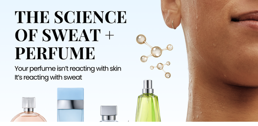 Perfume manufacture concept showing fragrance interaction with sweat on skin, with perfume bottles and scientific elements explaining how perfume reacts with sweat.