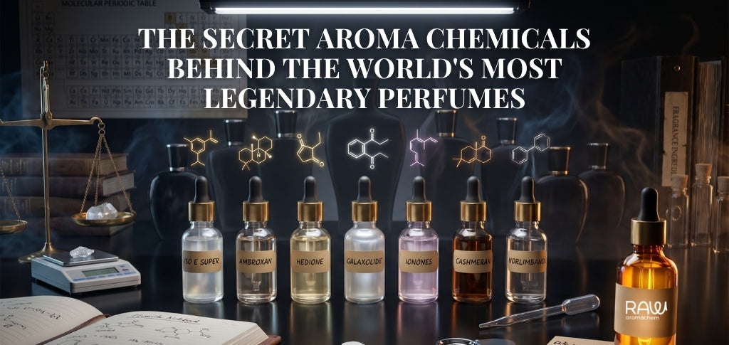 Secret aroma chemicals behind legendary perfumes featuring Iso E Super, Ambroxan, Hedione, and perfumery ingredients.