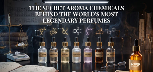Secret aroma chemicals behind legendary perfumes featuring Iso E Super, Ambroxan, Hedione, and perfumery ingredients.