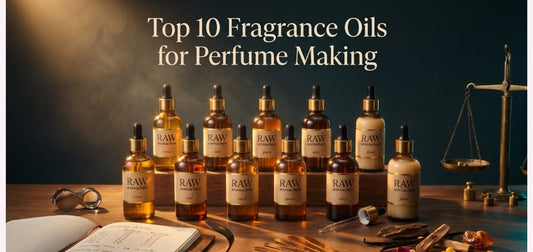 Top 10 fragrance oils for perfume making with assorted perfume oil bottles.