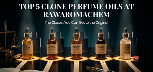 “Top 5 clone perfume oils by Rawaromachem with dropper bottles display.”