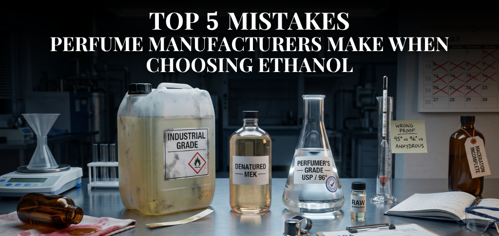 Top mistakes in choosing ethanol for perfume manufacturing with industrial, denatured, and perfumer-grade alcohol bottles.”