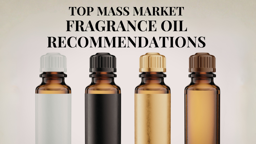 Top mass market fragrance oil recommendations featuring four amber glass bottles with different colored caps (white, black, gold, brown) on a clean neutral background, representing essential scent options for perfume businesses.