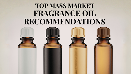 Top mass market fragrance oil recommendations featuring four amber glass bottles with different colored caps (white, black, gold, brown) on a clean neutral background, representing essential scent options for perfume businesses.