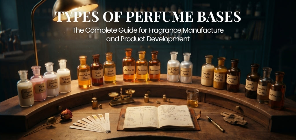 Assorted perfume base ingredients in labeled glass bottles arranged on a wooden perfumery workspace, with a notebook and tools, illustrating different types of perfume bases used in fragrance manufacturing and product development.