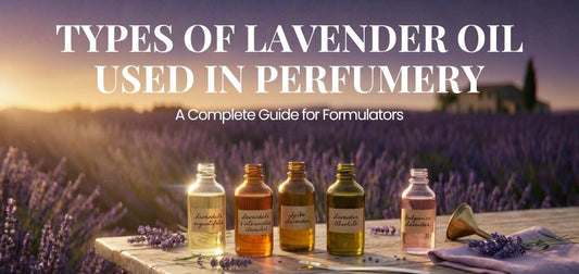Lavender oil varieties displayed in small bottles on a wooden table in a lavender field at sunset, with text describing different types of lavender oil used in perfumery and a guide for formulators.