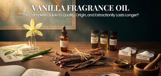 “Vanilla fragrance oil guide with vanilla beans, extracts, and aroma ingredients.”