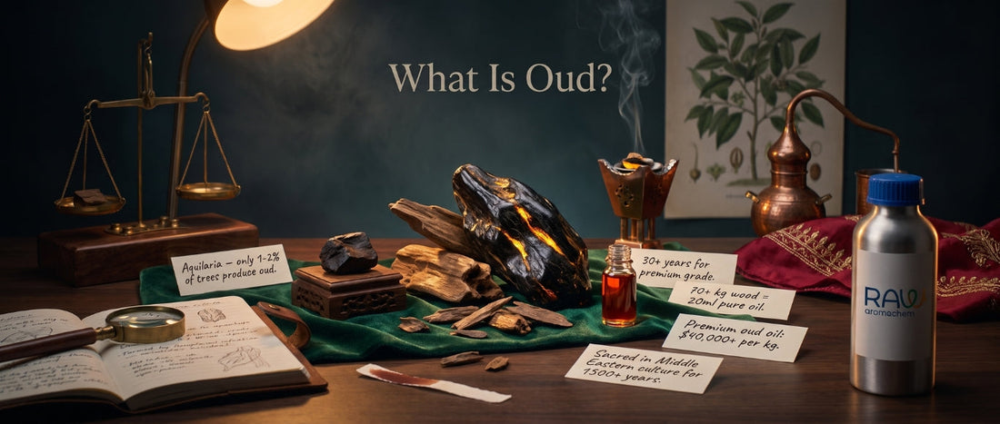 What is oud? Illustration of agarwood, oud oil, and traditional distillation explaining the origin, rarity, and value of oud in perfumery