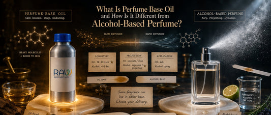 Perfume base oil vs alcohol-based perfume comparison showing longevity, projection, and application differences.