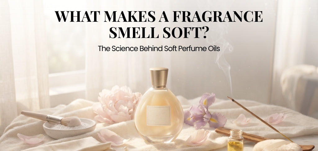 Soft perfume oil bottle with flowers, powder, and incense, illustrating how fragrances smell soft in perfumery