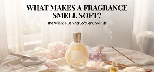 Soft perfume oil bottle with flowers, powder, and incense, illustrating how fragrances smell soft in perfumery