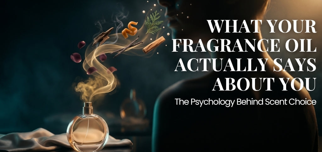 Fragrance oil perfume bottle releasing aromatic notes like wood, spices, and herbs into the air, beside a human silhouette, illustrating the psychology of scent choice and what your fragrance oil says about your personality and identity.