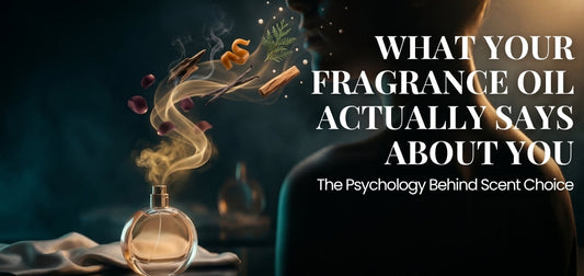 Fragrance oil perfume bottle releasing aromatic notes like wood, spices, and herbs into the air, beside a human silhouette, illustrating the psychology of scent choice and what your fragrance oil says about your personality and identity.