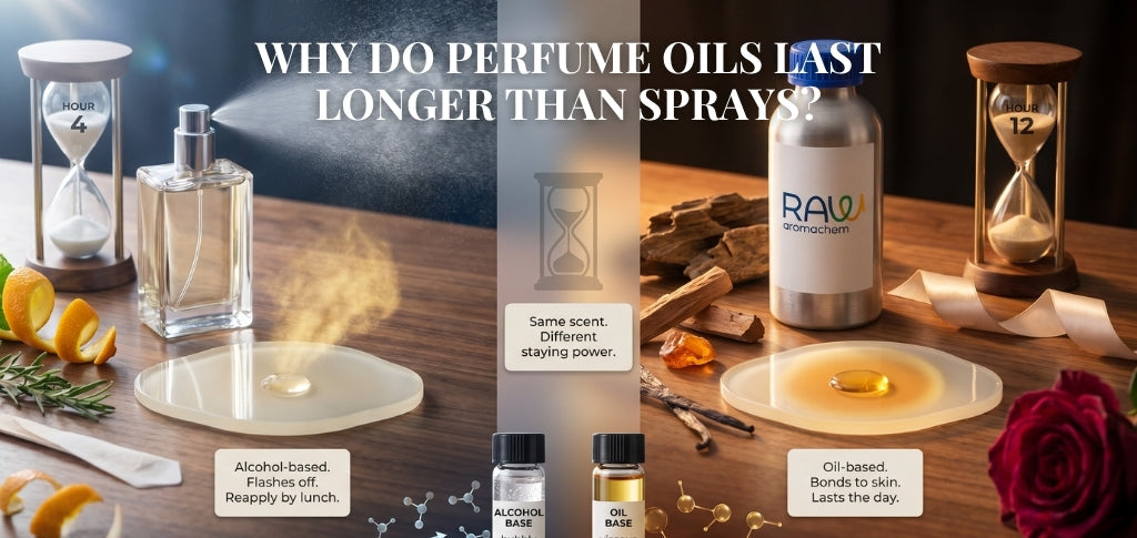 Illustration of a perfume bottle with fragrance longevity timeline, pulse point application, skincare icons, and common factors that affect how long perfume lasts on skin.