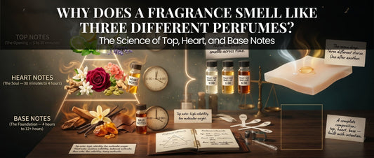 Why a fragrance smells different over time with top notes, heart notes, and base notes in perfumery.