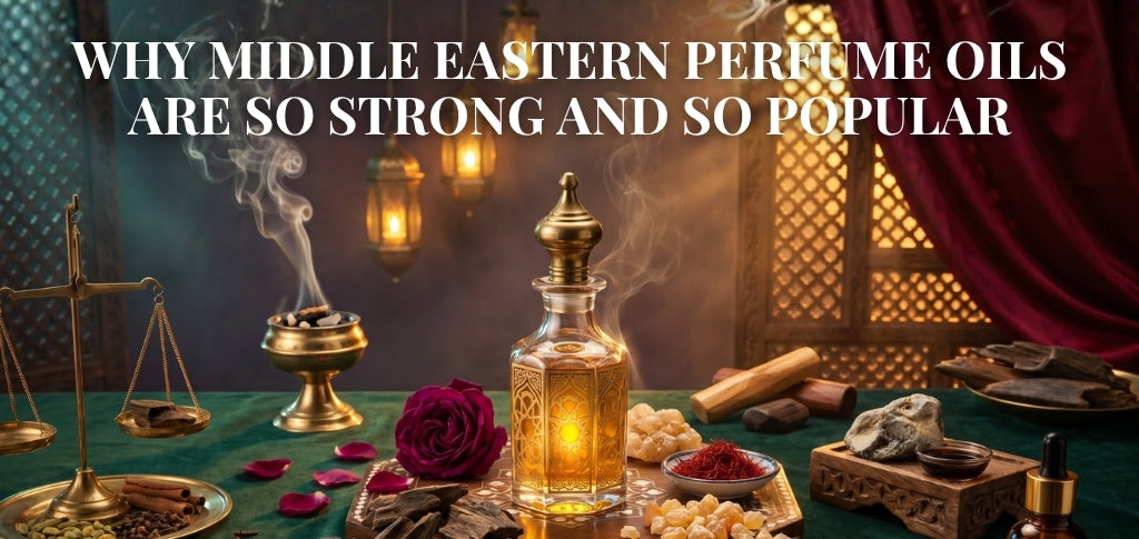 Middle Eastern perfume oils with oud, rose, and rich oriental fragrance ingredients.