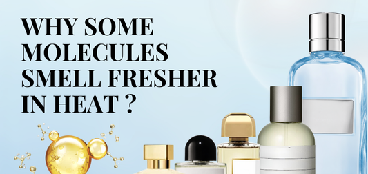 Perfume and fragrance bottles with molecular graphics explaining why certain scents smell fresher in heat in perfume manufacture