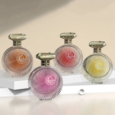 Luxury Sunburst Round Glass Perfume Bottle with Radiating Crystal Design